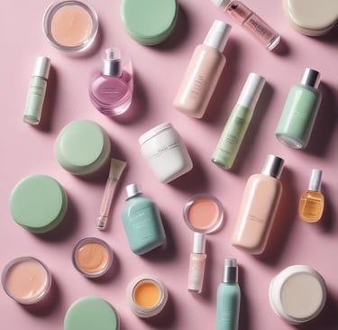 An elegant display in a store features an array of beauty products, including body creams and lotions, set on a wooden table. The product packaging is in shades of pink and peach. A decorative vase with bamboo sticks and rose petals is placed among the products. Advertisements for a new limited edition line are visible, with a poster featuring a woman in a flowing dress. Shelves filled with various skincare products line the walls in the background.