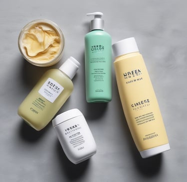 A selection of beauty products is arranged on a marble surface. On the left, two tubes of lotion are displayed, both featuring elegant cursive branding. In the center, an intricately designed perfume bottle with a stylish dress motif is prominently featured. To the right, makeup brushes with shiny metallic handles stand upright in a sleek holder. A black mascara tube lies in the foreground. The composition is accentuated by soft natural light and subtle shadows.