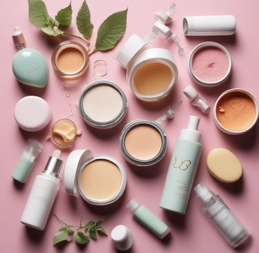 A collection of beauty and skincare products is arranged on a surface, including bottles of oils and serums, cosmetics like lipstick and blush, makeup brushes in a holder, and a lit black candle adding ambiance. The setup is accompanied by cotton swabs, emphasizing a self-care or beauty routine theme.