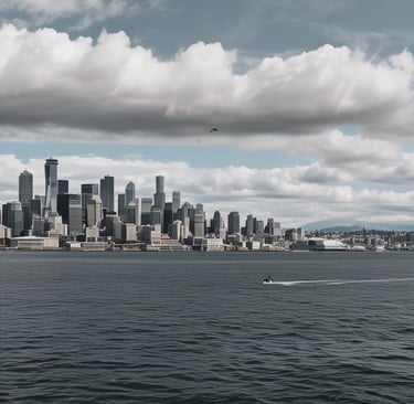 a view of Seattle Washington from the ferry of the port of Seattle