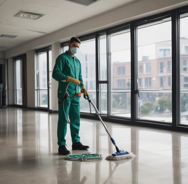 A person is cleaning a glass surface on a modern building using a squeegee. They stand on a narrow ledge with a safety harness attached. Another person is on an escalator inside the building, partially visible through the glass.