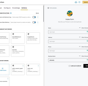 Pickaxe UI Connected Actions, MCP Servers, N8N, Make.com and Custom Actions. Pickaxe Smart Form Backend.