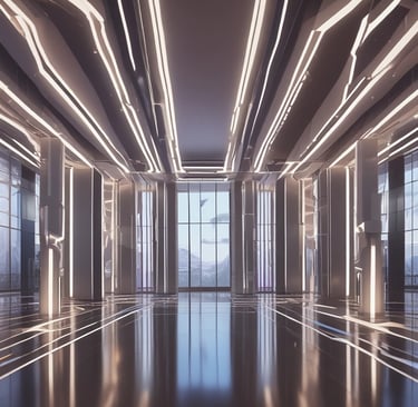 A futuristic architectural structure with illuminated patterns. The design features symmetrical lines and vibrant lighting that create a captivating, modern aesthetic. The reflection enhances the visual impact, lending a sense of depth and symmetry to the scene.