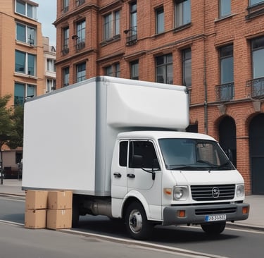 A delivery van with its back doors open, packed with numerous cardboard boxes of various sizes. A person is partially visible inside the van, surrounded by the boxes. The scene suggests the process of loading or unloading packages.
