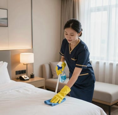 A cleaning cart is positioned in an outdoor area with a concrete building structure in the background. The cart holds a large bucket and cleaning supplies, including a striped cloth and a pink cloth hanging over the handle. A green scrubbing brush is placed on the bottom platform. Surrounding the area are vibrant flower beds with yellow and white flowers, as well as bushes and trees, contributing to a tidy and well-maintained environment.