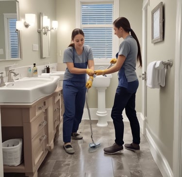 A dry cleaning shop named 'HLP Cleaners' is located on a dimly lit street. The store has a prominent sign above the entrance, and its windows are illuminated with a warm yellow light. A sign on the door lists services such as dry cleaning, laundry, and suede & leather cleaning. The building exterior is simple with a combination of dark tiles and light-colored upper walls. The entrance is flanked by two closed doors, likely of neighboring establishments.