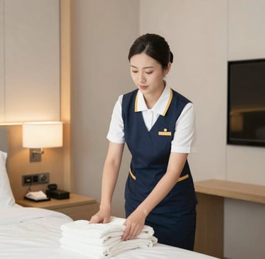 A cleaning cart is positioned in an outdoor area with a concrete building structure in the background. The cart holds a large bucket and cleaning supplies, including a striped cloth and a pink cloth hanging over the handle. A green scrubbing brush is placed on the bottom platform. Surrounding the area are vibrant flower beds with yellow and white flowers, as well as bushes and trees, contributing to a tidy and well-maintained environment.