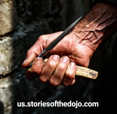 Rugged hand grips a weathered Genoese knife against a stone wall backdrop symbol of legacy, tension,