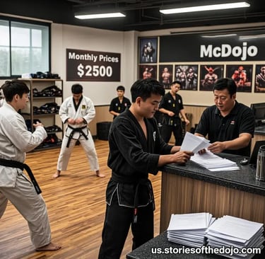 Ultra-realistic image of a martial arts dojo interior showing commercialized practices. A person beh