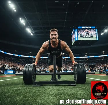 Hyrox athlete pushing a heavy sled loaded with weight plates on turf inside a packed indoor stadium 