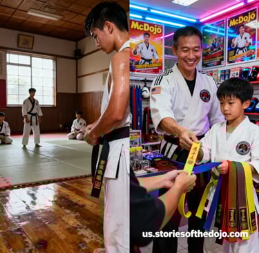 Split-scene image contrasting traditional martial arts training with commercialized McDojo culture. 