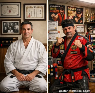 Ultra-realistic hero image of a traditional martial arts dojo featuring a verified instructor in a w