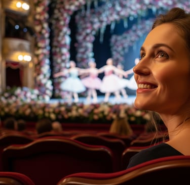 woman at theatre smiling, in background is waltz of the flowers