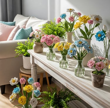 side table display of flower clay art