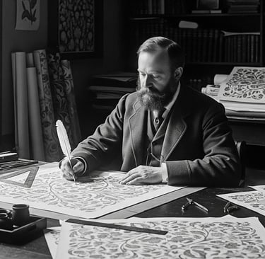 william morris sat at desk designing flowers in black and white image