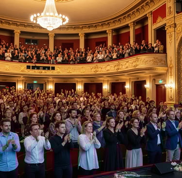 crowd giving standing ovation in theatre