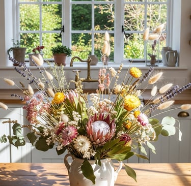 beautiful bouquet of dried flowers in kitchen