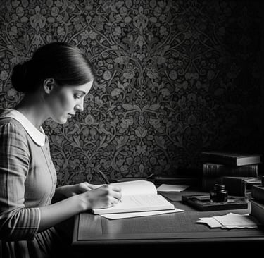 woman writing at desk with floral decor in background
