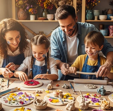 happy family making clay art