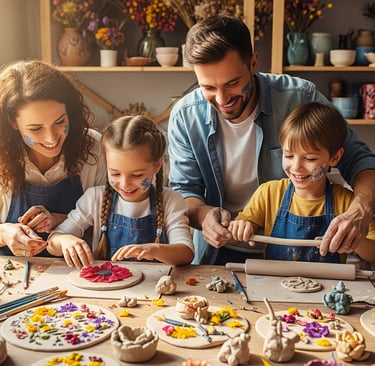 happy family creating clay flower art