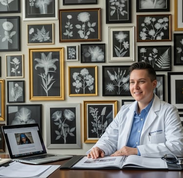 doctor at desk behind are many floral prints on wall