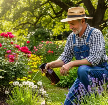 man in garden using vinegar on plants