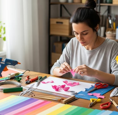 paper flower art tools on table as woman makes paper flowers