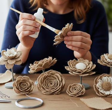 woman crafting burlap flowers at table