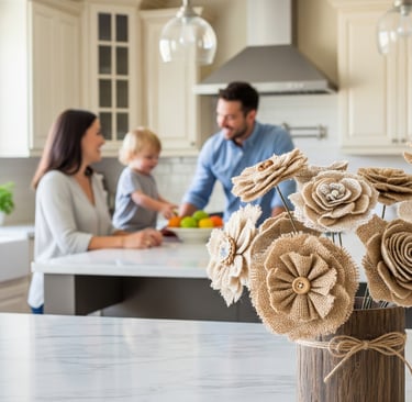 DIY burlap flowers on display with happy family in background