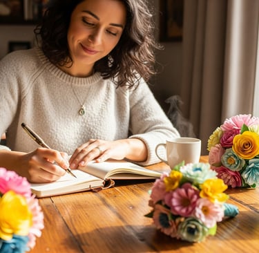 womam writing in book with paper flowers on table