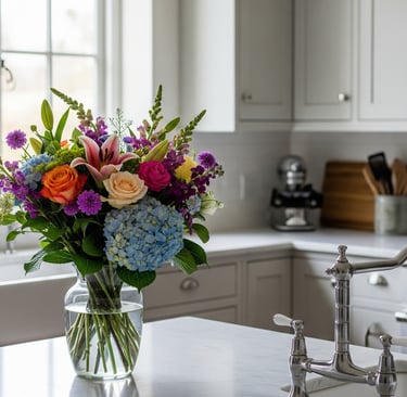 bouquet of flowers on kitchen breakfast bar top