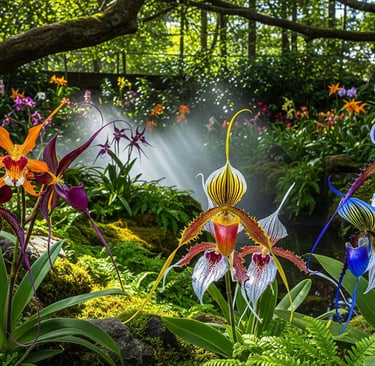 strange flowers and orchids in wooded realm