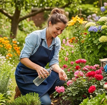woman treating flowers in garden with vinegar