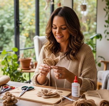woman smiling and making DIT burlap flowers