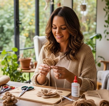 woman smiling and creating burlap flowers
