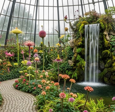 inside greenhouse with weird flowers