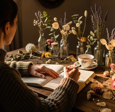 woman sat writing with dried flowers on table