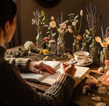 woman at desk writing on desk are dried flowers