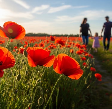 family walking in background with poppies in foreground