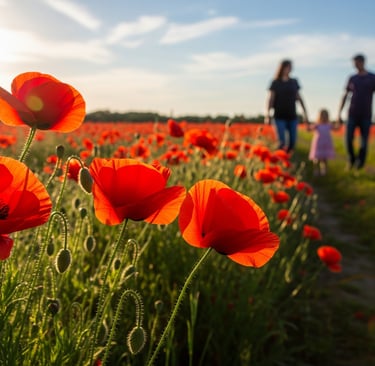 close up of poppies with family walking in background