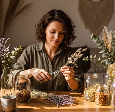 woman preparing dried flower display