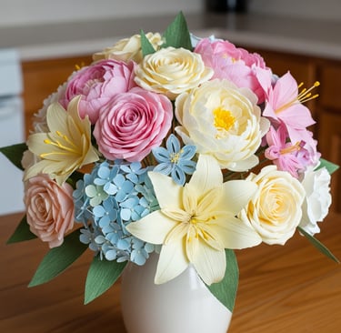 DIY paper flowers in pot on kitchen table