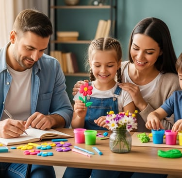 famil sat at table with father writing in notebook