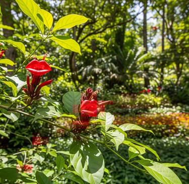 hookers lips red flowers in stunnning garden