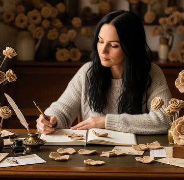 woman writing at desk surrounded by burlap flowers