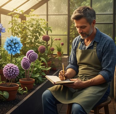 man in greenhouse writing amidst strange flowers