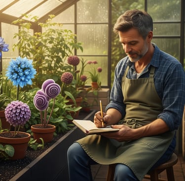 man sat down writing admist strange flowers