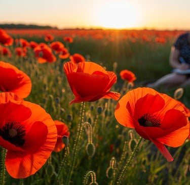 poppy flowers close up with woman in background  writing