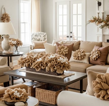 homemade burlap flowers decorating living room