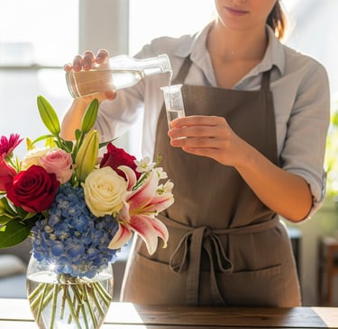 woman treating fresh cut flowers with vinegar